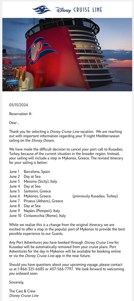 DCL Email Dream 20240601 Itinerary Change 20240515