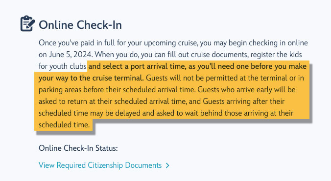 DCL Online Check In Port Arrival Time Warning
