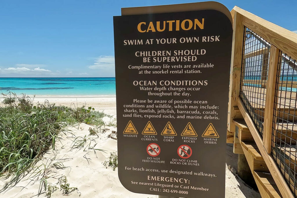 Lookout Cay Family Beach Caution Sign