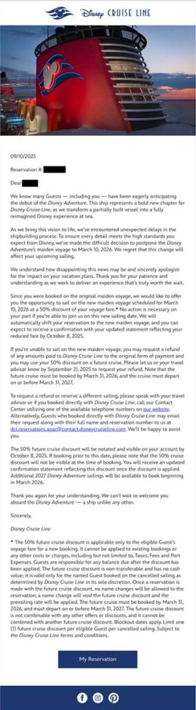DCL Email Adventure Delay Maiden Voyage Guest Email 20250910