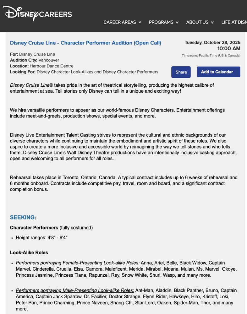 Disney Auditions Character Performer Vancouver 20250912