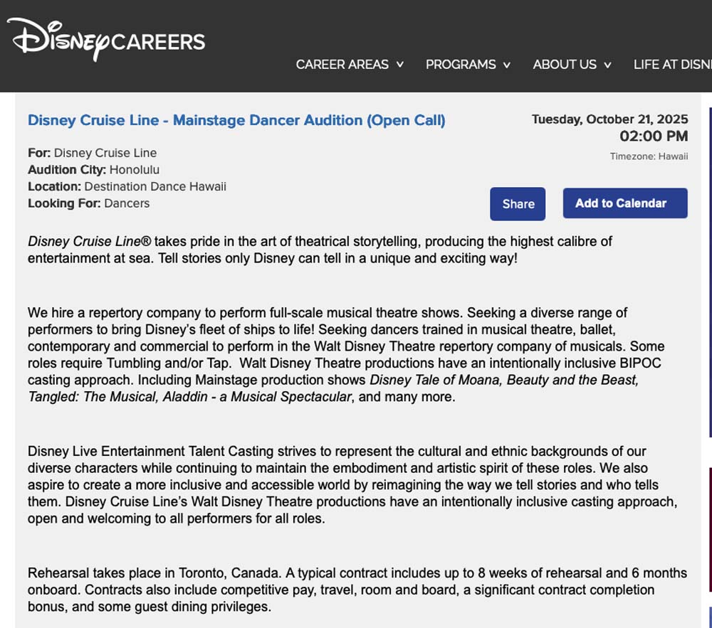 Disney Auditions Mainstage Dancer Honolulu 20250912